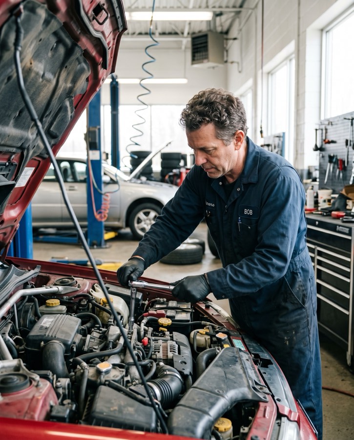 Automonteur werkt aan een automotor in de garage