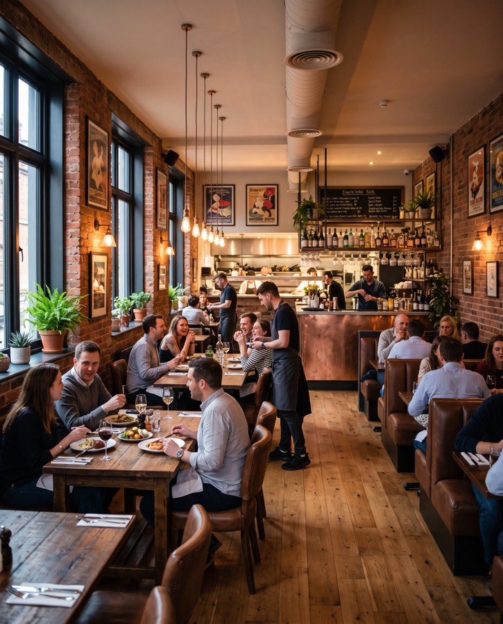 Druk restaurant met gasten aan tafel